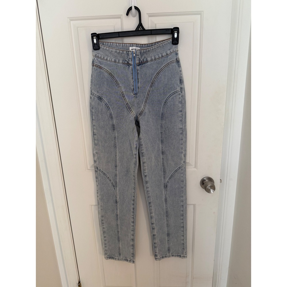 Superdown Light Wash High Waisted Curved Seam Straight Leg Jeans Blue Womens